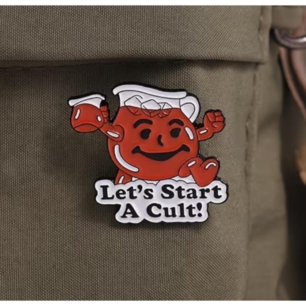 Let's Start A Cult Red Pitcher Mascot Enamel Pin Funny Retro Pop Culture Meme